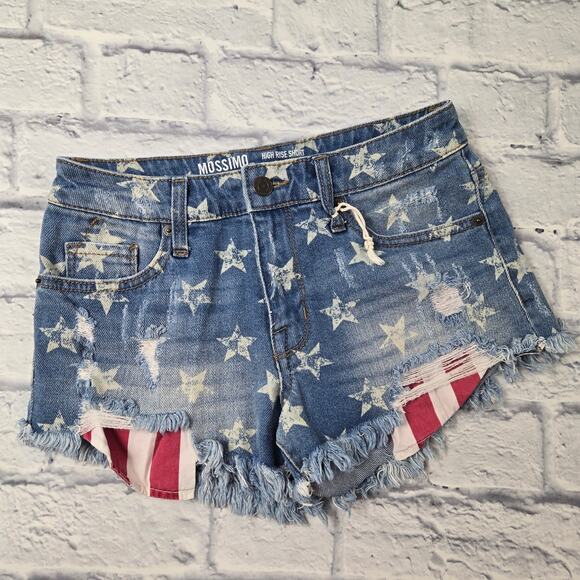 NWOT Mossimo Women's Denim Shorts High Rise Patriotic Stars Pockets size 00/24 - Picture 1 of 8